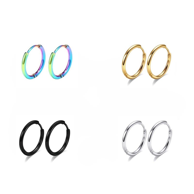 Vishoca Surgical Stainless Steel Thin Hoop Earrings 6mm/8mm/10mm Small Huggie Hoop Earrings for Women and Men (B: Diameter 8mm (4 Color),4 Pairs) - Image 1