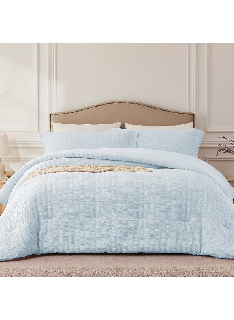 Quataly Quataly SkyBlue King Comforter Set - 3 Pieces Seersucker Lightweight Bedding Comforter Sets (1 Soft Fluffy Comforter & 2 Pillowcases) - All Seasons Cozy Modern Bed Sets  - Image 1