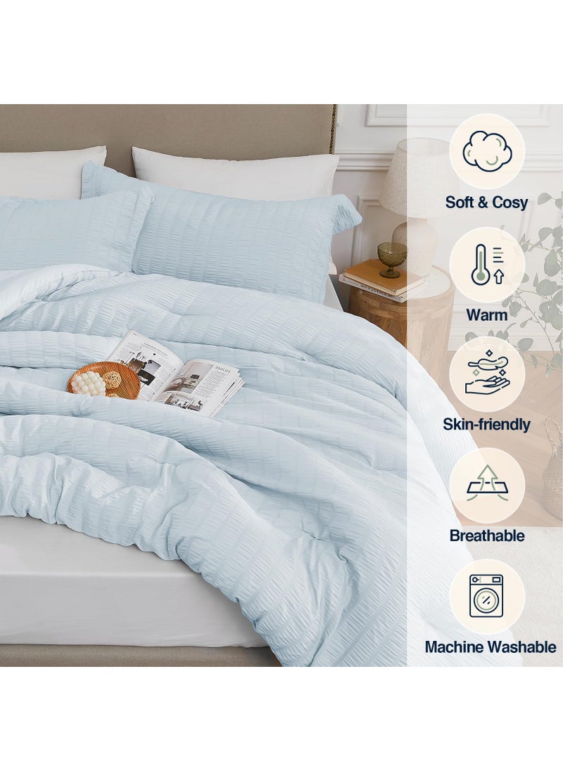 Quataly Quataly SkyBlue King Comforter Set - 3 Pieces Seersucker Lightweight Bedding Comforter Sets (1 Soft Fluffy Comforter & 2 Pillowcases) - All Seasons Cozy Modern Bed Sets  - Image 3