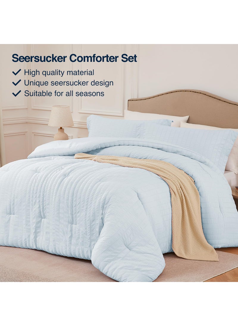 Quataly Quataly SkyBlue King Comforter Set - 3 Pieces Seersucker Lightweight Bedding Comforter Sets (1 Soft Fluffy Comforter & 2 Pillowcases) - All Seasons Cozy Modern Bed Sets  - Image 2