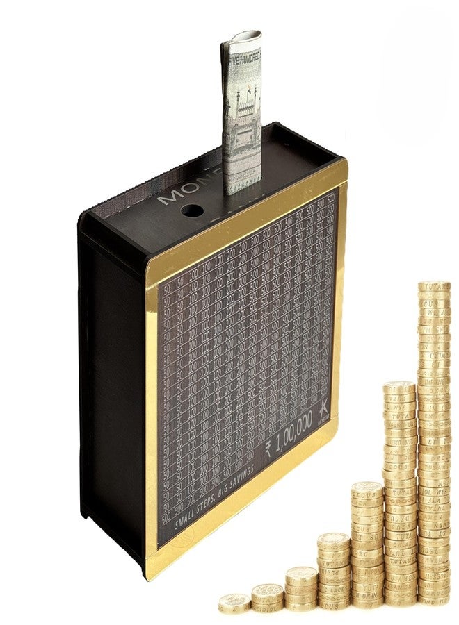 Raystar™ Wooden Money Box for Adult/Kids with Savings Tracker Money Saving Box | Goal-Oriented Money Bank for ₹1,00,000 Saving for Adult & Kids | Smart Piggy Bank for Home Savings (Golden) - Image 1