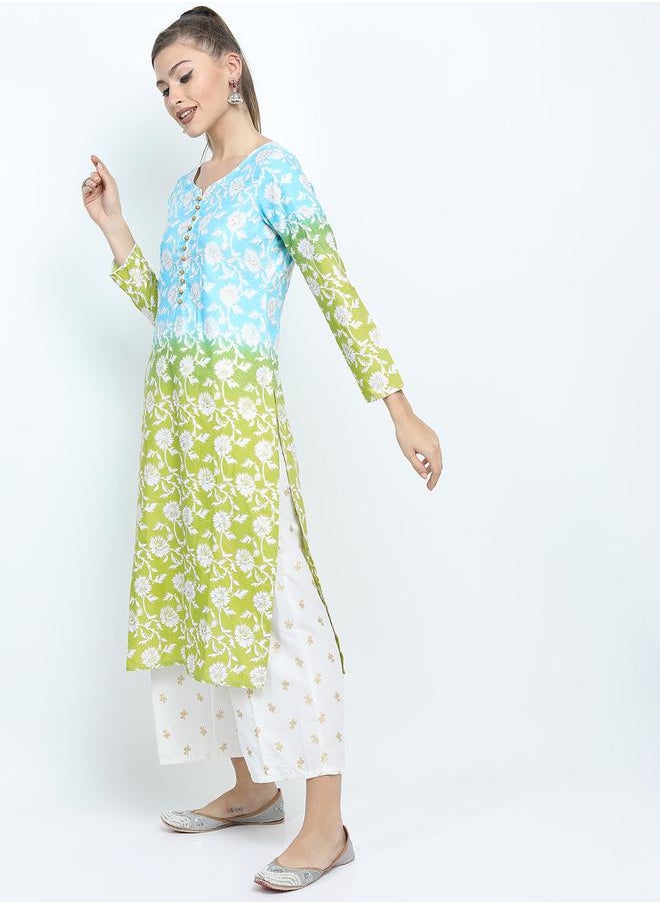 Vishudh - Women Blue Floral Printed Kurta with Palazzos & Dupatta by Styli - Image 1