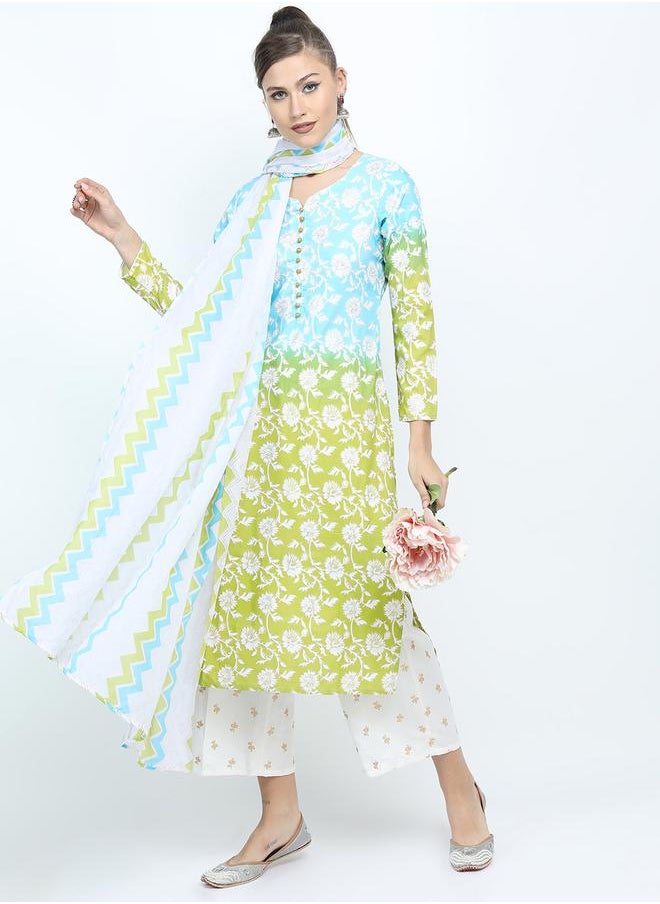 Vishudh - Women Blue Floral Printed Kurta with Palazzos & Dupatta by Styli - Image 1