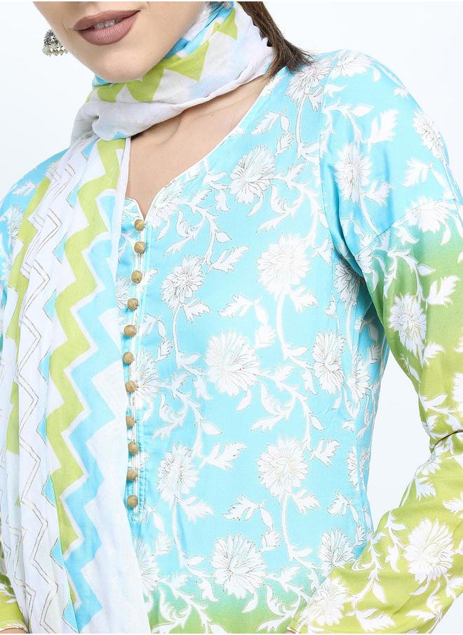 Vishudh - Women Blue Floral Printed Kurta with Palazzos & Dupatta by Styli - Image 1