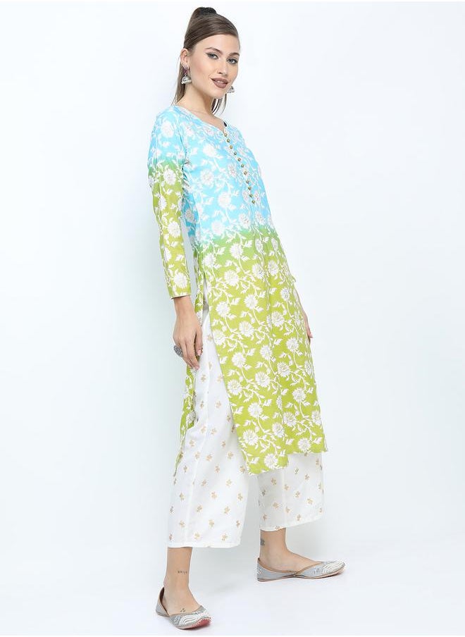 Vishudh - Women Blue Floral Printed Kurta with Palazzos & Dupatta by Styli - Image 1