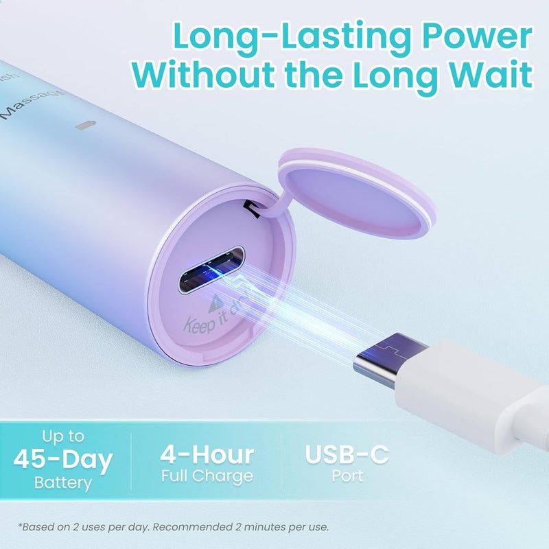 يونتشي فرشاة أسنان كهربائية للبالغين، قابلة للشحن عبر USB، شحن لمدة 4 ساعات يدوم حتى 30 يومًا، فرشاة أسنان صوتية Y7 مع 5 أوضاع ومؤقت ذكي لمدة دقيقتين (10 رؤوس فرشاة، أخضر) - Image 4