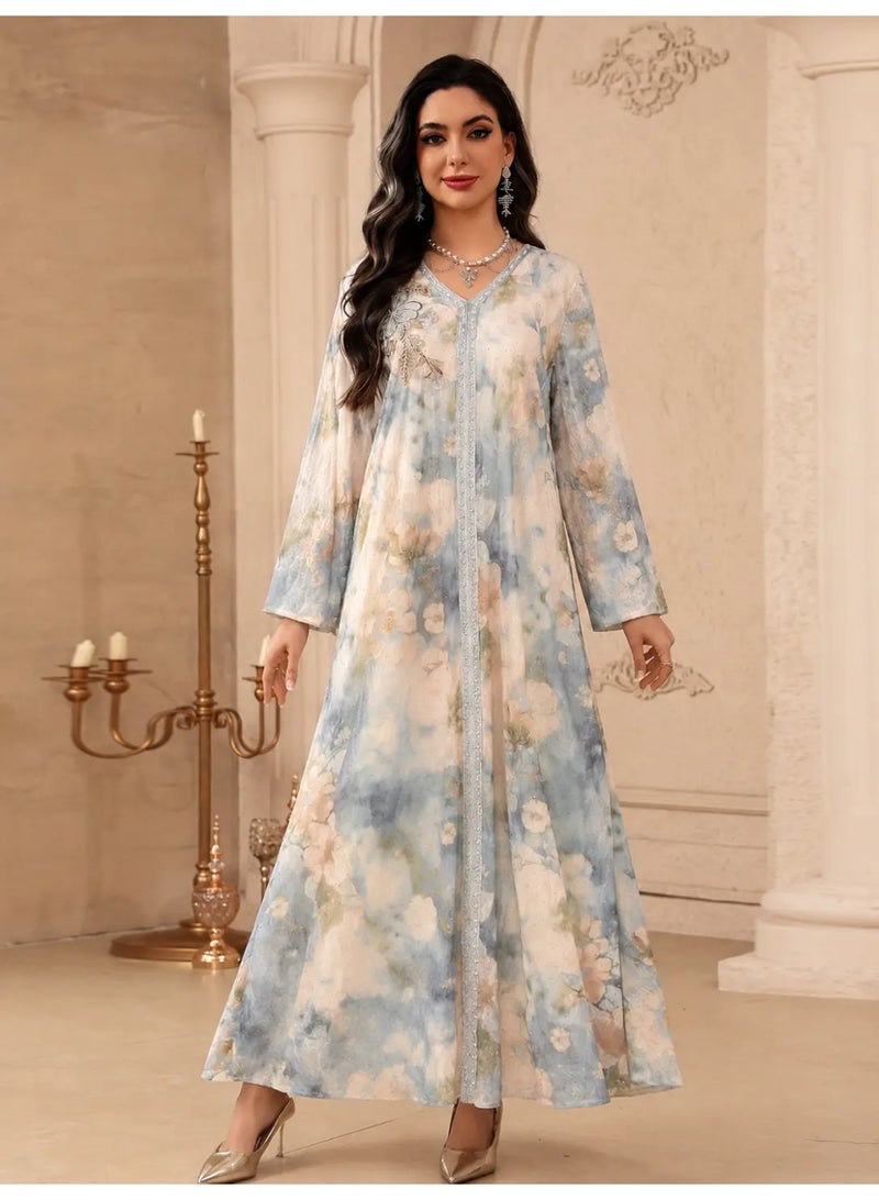 Kaiyuede Grey Watercolor Floral Embroidered Polyester Abaya Pearl Trim V Neck Lined Modest Maxi Dress for Eid Party Daily Wear - Image 1