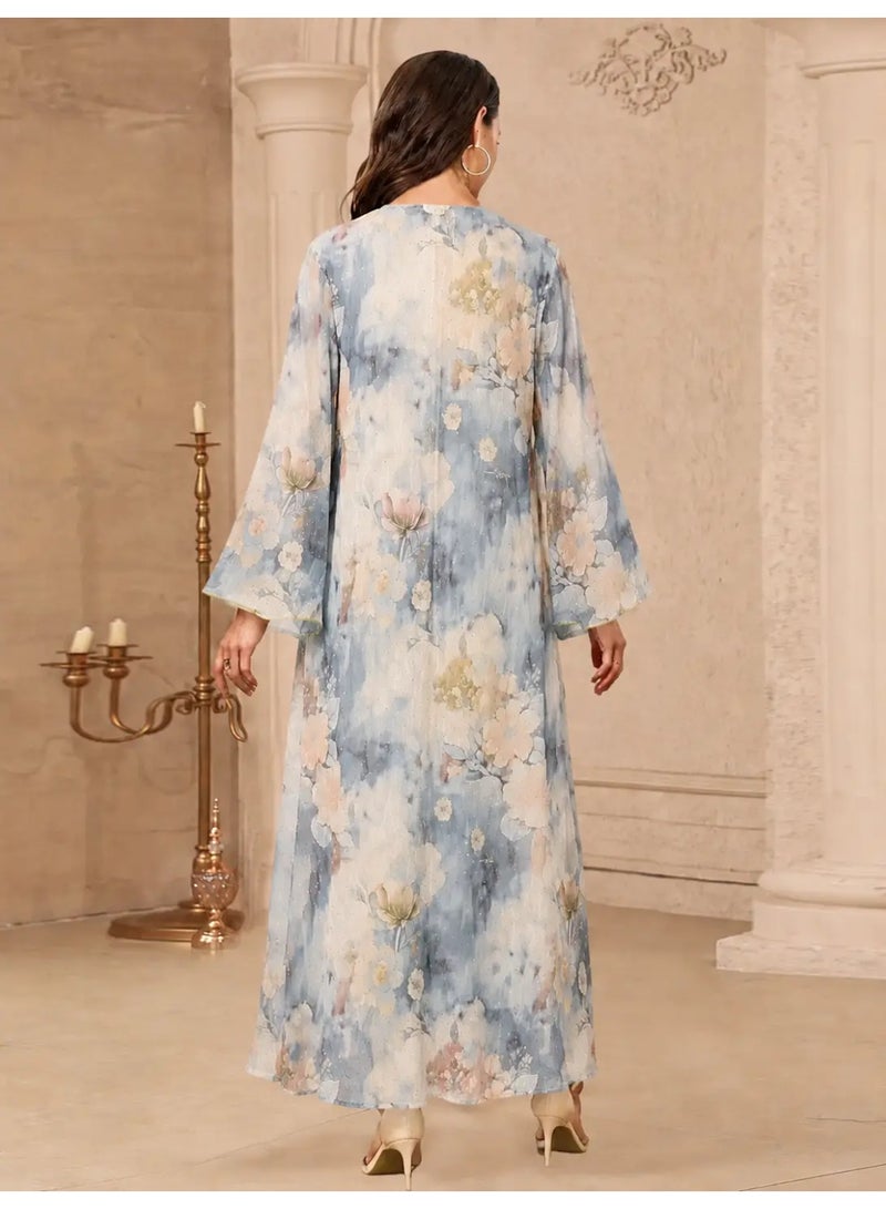 Kaiyuede Grey Watercolor Floral Embroidered Polyester Abaya Pearl Trim V Neck Lined Modest Maxi Dress for Eid Party Daily Wear - Image 2