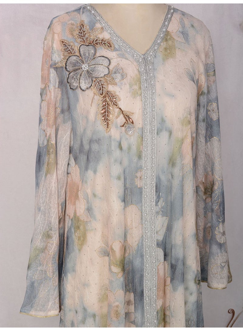 Kaiyuede Grey Watercolor Floral Embroidered Polyester Abaya Pearl Trim V Neck Lined Modest Maxi Dress for Eid Party Daily Wear - Image 3