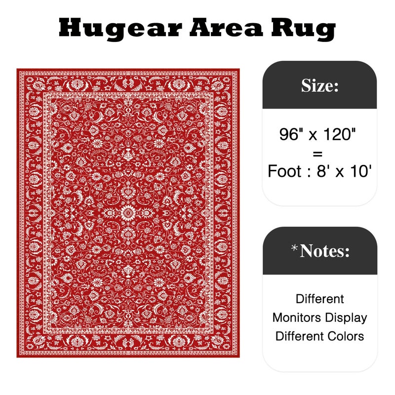 HUGEAR Christmas 8x10 Machine Washable Rugs Red Hallway Large Area Rug Indoor Accent Rug Floral Low Pile Carpet Soft Throw Aesthetic Rug Bedroom Living Room Office Dining Room Kitchen Laundry Room - Image 2