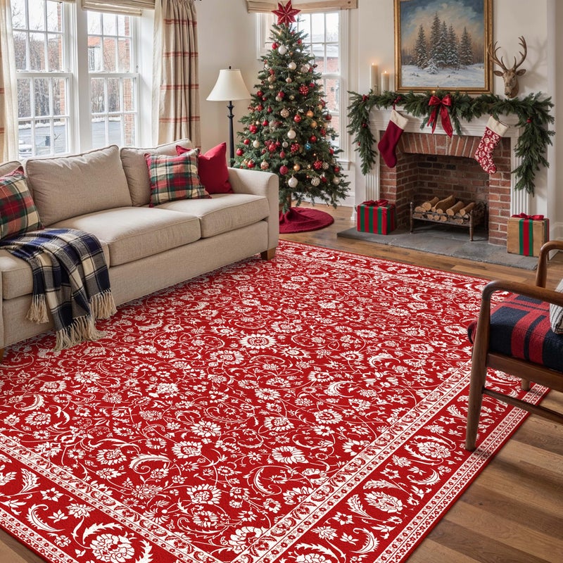 HUGEAR Christmas 8x10 Machine Washable Rugs Red Hallway Large Area Rug Indoor Accent Rug Floral Low Pile Carpet Soft Throw Aesthetic Rug Bedroom Living Room Office Dining Room Kitchen Laundry Room - Image 3