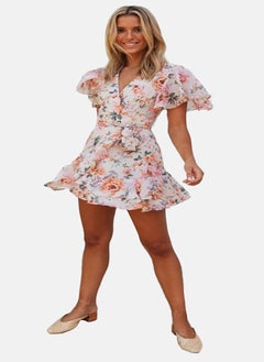 يونيكي White Floral Printed Flutter Sleeves Chiffon Wrap Mini Dress  - Image 1