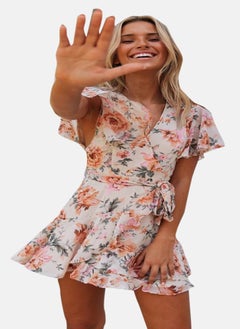 يونيكي White Floral Printed Flutter Sleeves Chiffon Wrap Mini Dress  - Image 3