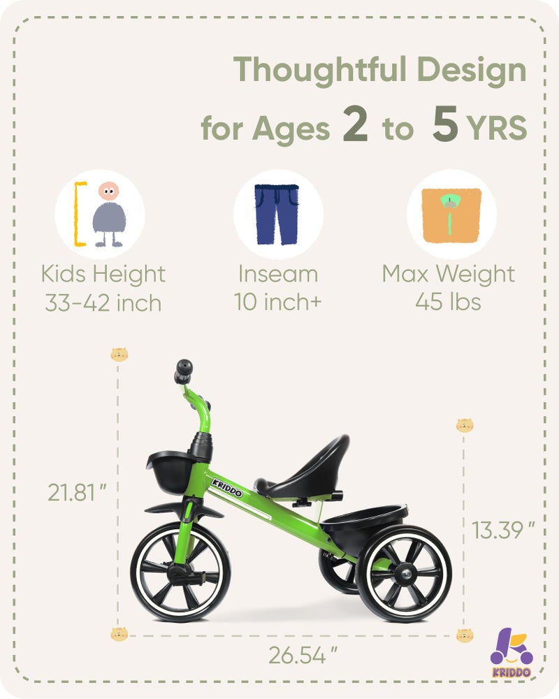 KRIDDO Tricycles Age 24 Month to 4 Years, Toddler Kids Trike for 2.5 to 5 Year Old, Gift for 2-4 Year Olds , Green - Image 3