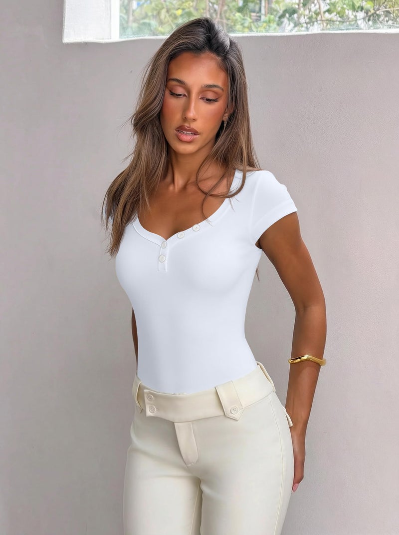 OQQ Women Short Cap Sleeves Bodysuit Tummy Control Shapewear One Piece Leotard Thong Shirts Going Out Tops White - Image 5