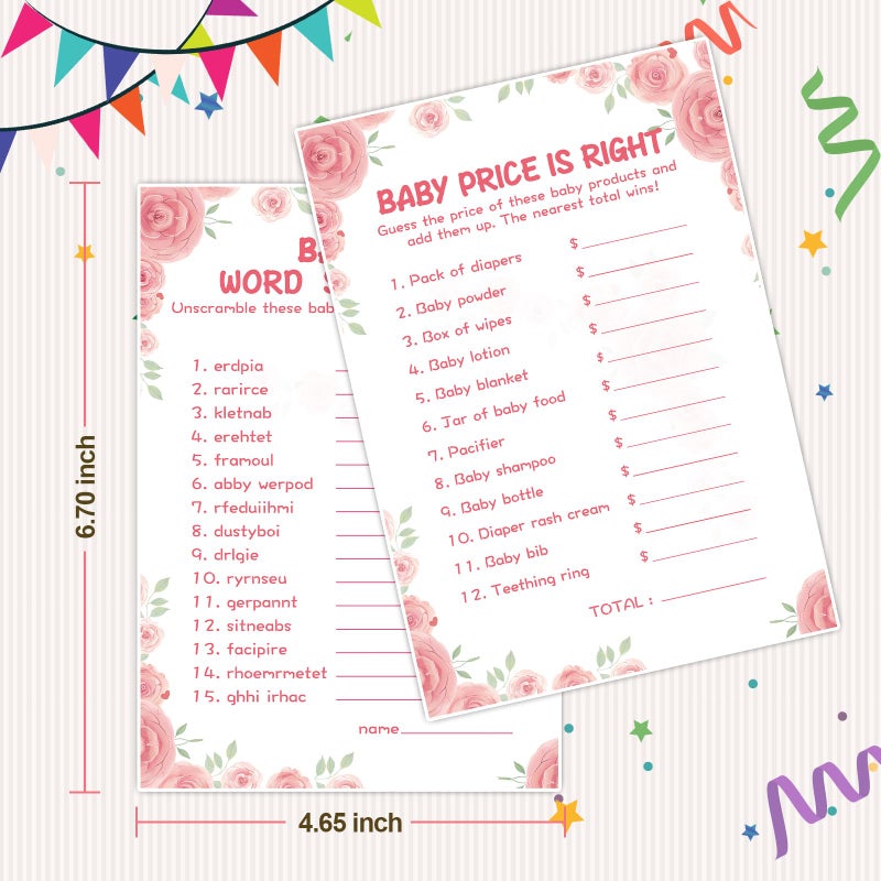 OLOUTAB Baby Shower Games for Girl-2 Games(50 of Each),Baby Shower Word Scramble Game&Price is Right,Double-Sided,Thick Cardboard,Fun,Hilarious,with Answer Keys - Image 4