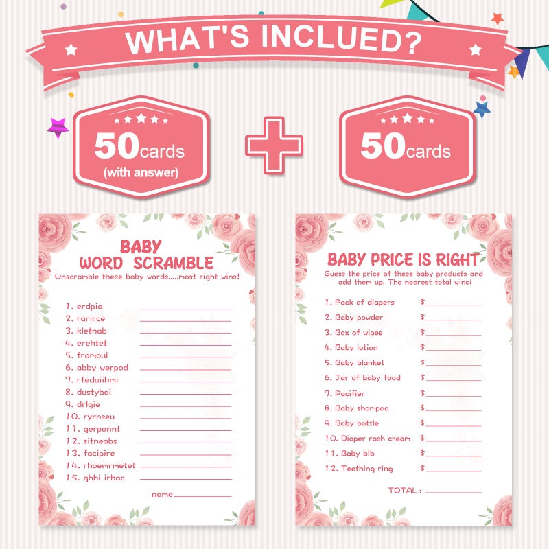 OLOUTAB Baby Shower Games for Girl-2 Games(50 of Each),Baby Shower Word Scramble Game&Price is Right,Double-Sided,Thick Cardboard,Fun,Hilarious,with Answer Keys - Image 2