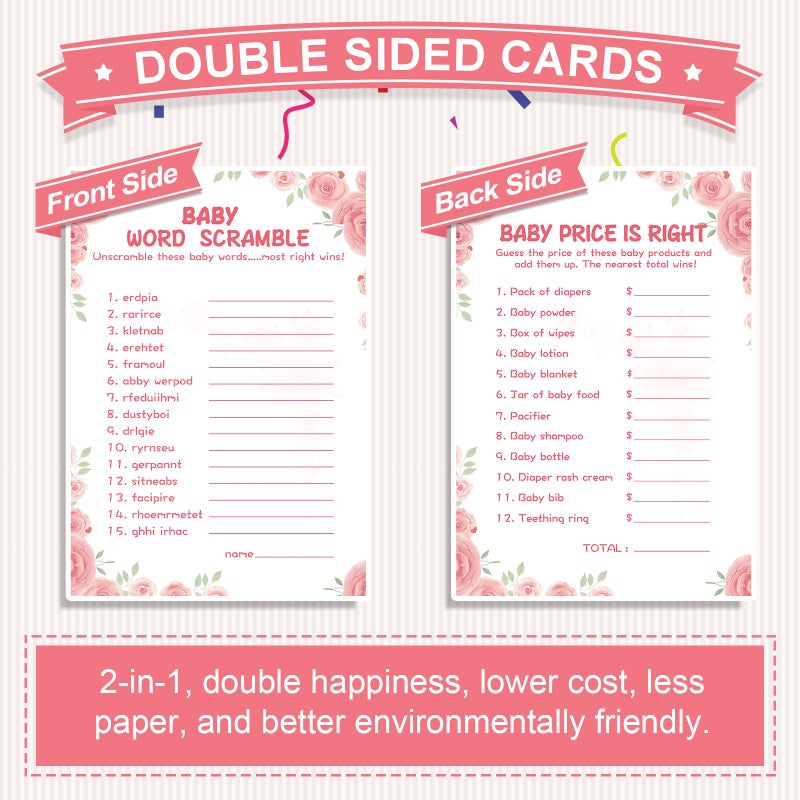 OLOUTAB Baby Shower Games for Girl-2 Games(50 of Each),Baby Shower Word Scramble Game&Price is Right,Double-Sided,Thick Cardboard,Fun,Hilarious,with Answer Keys - Image 5