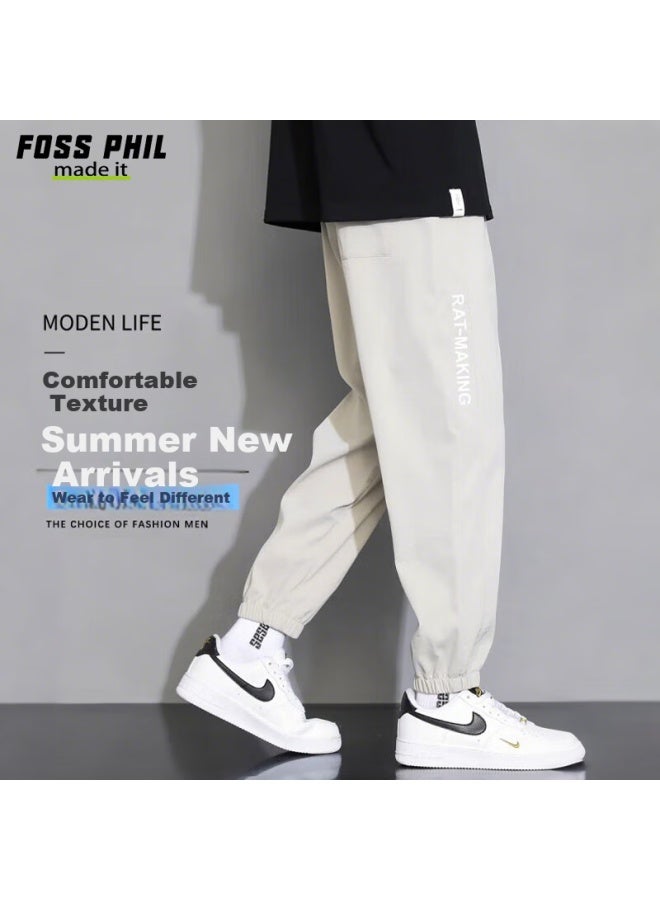 Foss Phil Men's Casual Pants, Summer Ice Silk Thin Style, Versatile Loose-fitting Sports Joggers, Cargo Trousers, Men's Style 303 Khaki L - Image 1