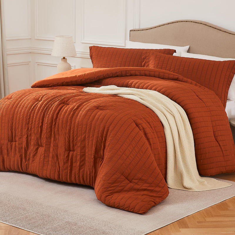 Quataly Terracotta King Comforter Set - 3 Pieces Seersucker Lightweight Bedding Comforter Sets (1 Soft Fluffy Comforter & 2 Pillowcases) - All Seasons Cozy Modern Bed Sets for Women Men - Image 1