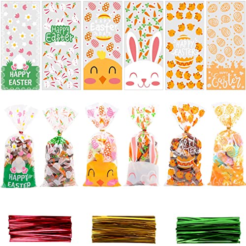 VEYLIN 120Pcs Easter Cellophane Goodie Bags, Plastic Easter Treat Bags Candy Cookie Bags with 150pcs Twist Ties 5” x 11” - Image 3