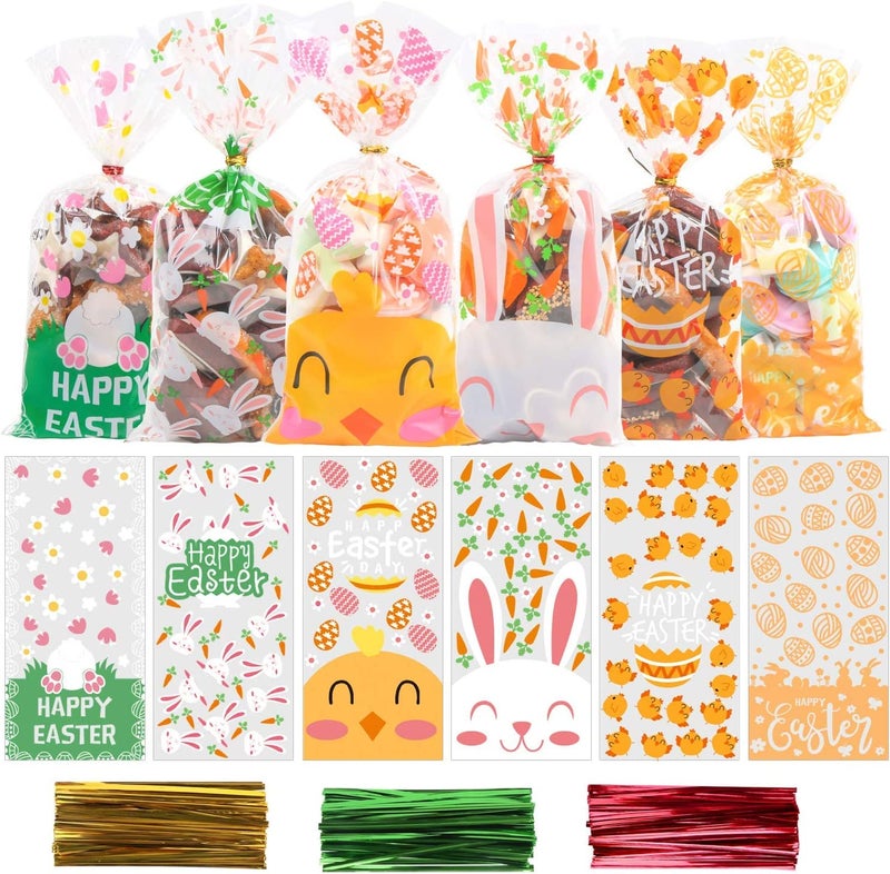 VEYLIN 120Pcs Easter Cellophane Goodie Bags, Plastic Easter Treat Bags Candy Cookie Bags with 150pcs Twist Ties 5” x 11” - Image 1