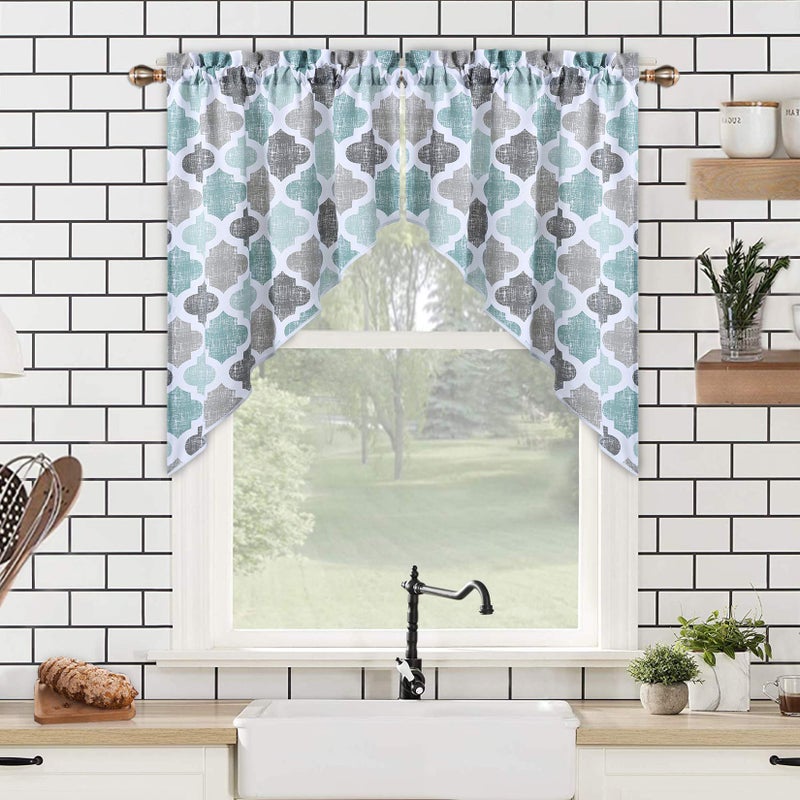 CAROMIO Swag Curtain Valances Geometric Quatrefoil Trellis Printed Cotton Blend Tailored Swag Curtains for Kitchen Bathroom Window AquaMintGrey 56 W x 36 L