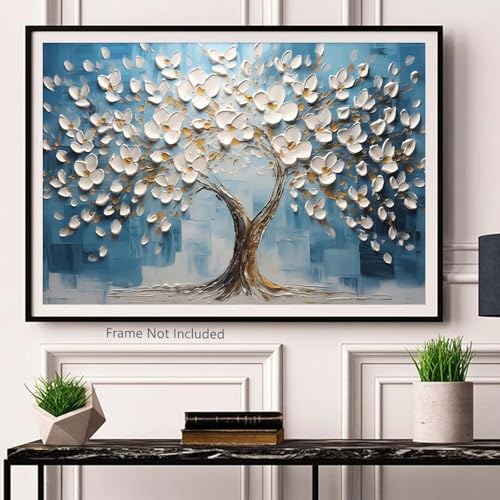 Ecyanlv Abstract Tree of Life Wall Art Blue and White Canvas Art Abstract Flower Print Textured White Flower Art Blue White Flower Painting Blue Tree Pictures Wall Decor for Living Room 16x24inch Frameless - Image 2