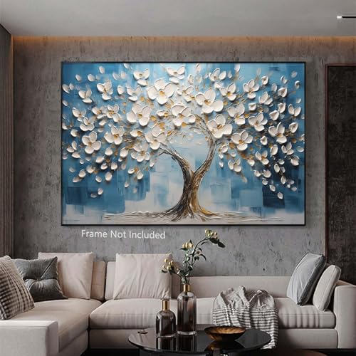 Ecyanlv Abstract Tree of Life Wall Art Blue and White Canvas Art Abstract Flower Print Textured White Flower Art Blue White Flower Painting Blue Tree Pictures Wall Decor for Living Room 16x24inch Frameless - Image 4