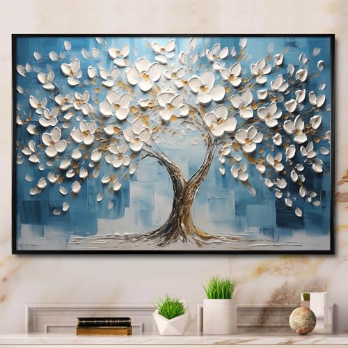 Ecyanlv Abstract Tree of Life Wall Art Blue and White Canvas Art Abstract Flower Print Textured White Flower Art Blue White Flower Painting Blue Tree Pictures Wall Decor for Living Room 16x24inch Frameless - Image 1
