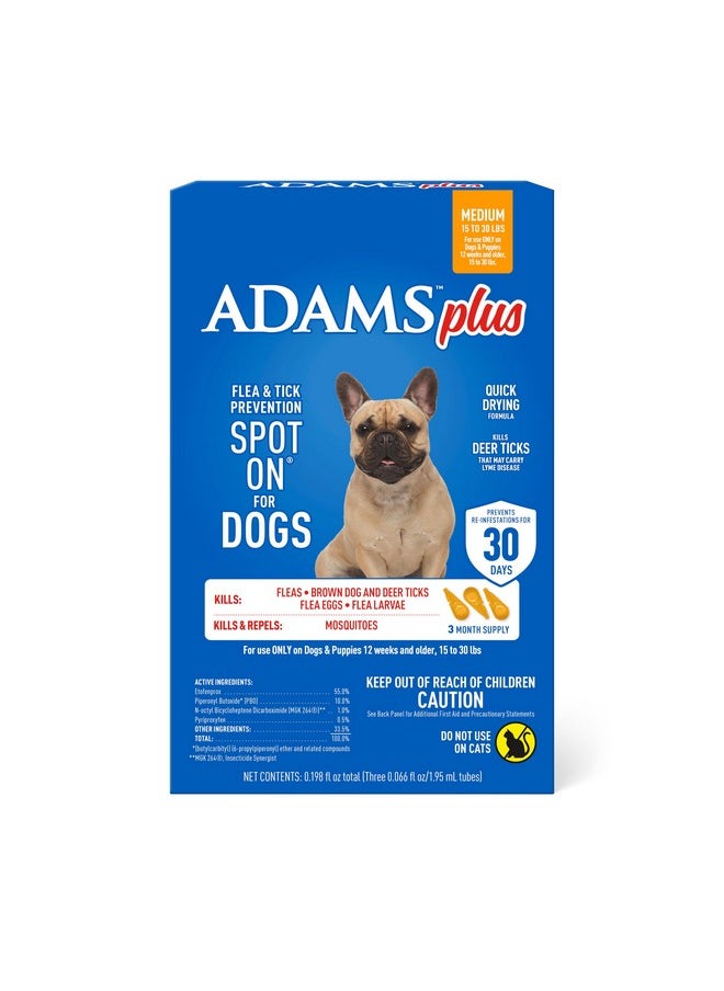 ADAMS Adams Plus Flea & Tick Prevention Spot On for Dogs 15-30 Pounds, 12 Weeks & Older, 3-Month Supply, Kills Fleas, Flea Eggs, Flea Larvae & Brown Dog & Deer Ticks, Kills & Repels Mosquitoes For 30 Days  - Image 1
