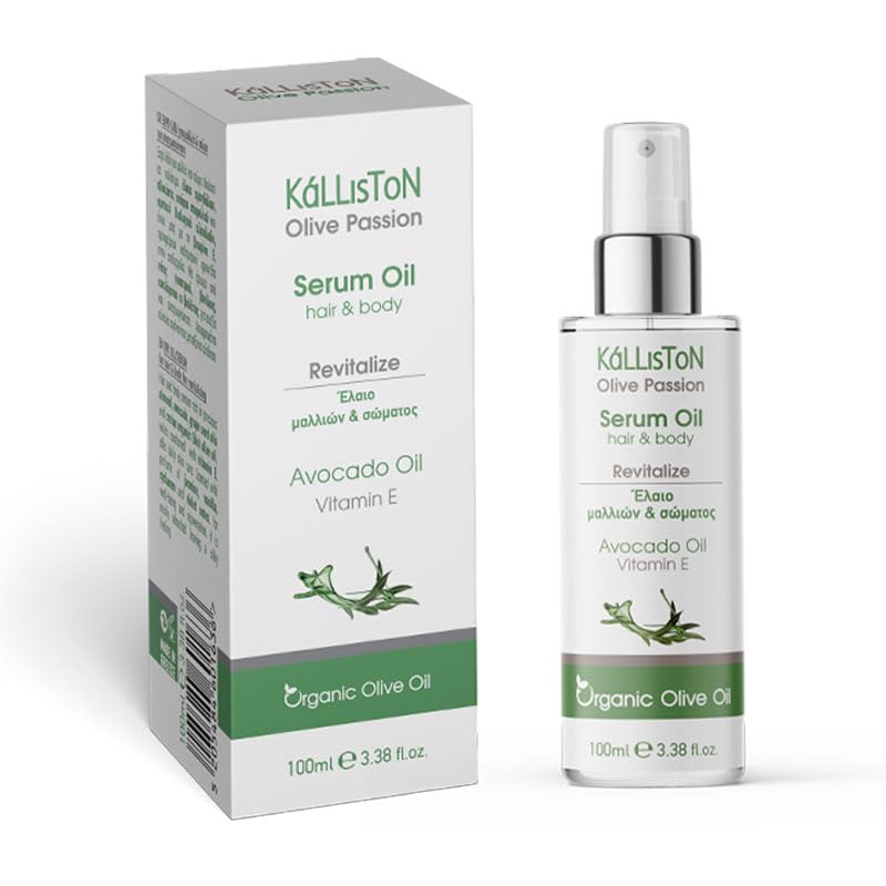 Kalliston Revitalizing Hair and Body Serum Oil with Organic Olive oil, Avocado Oil, Almond Oils and Vitamin E, Violet and Jasmine, Vanilla Scent, 100 ml (3.38 oz) Spray bottle, Clear 