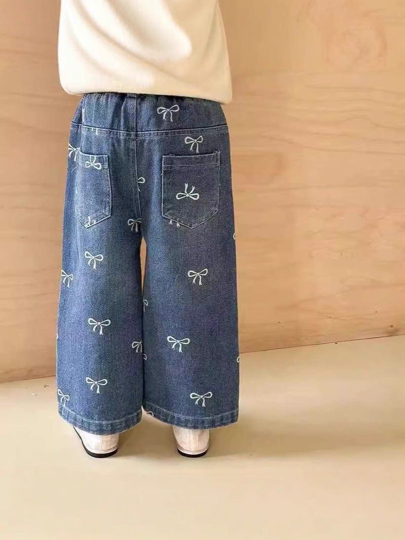 New Girls' Denim Single Pants Fashionable Full Print Bow Denim Straight Leg Pants Girls' Fashion Wide Leg Pants - Image 5