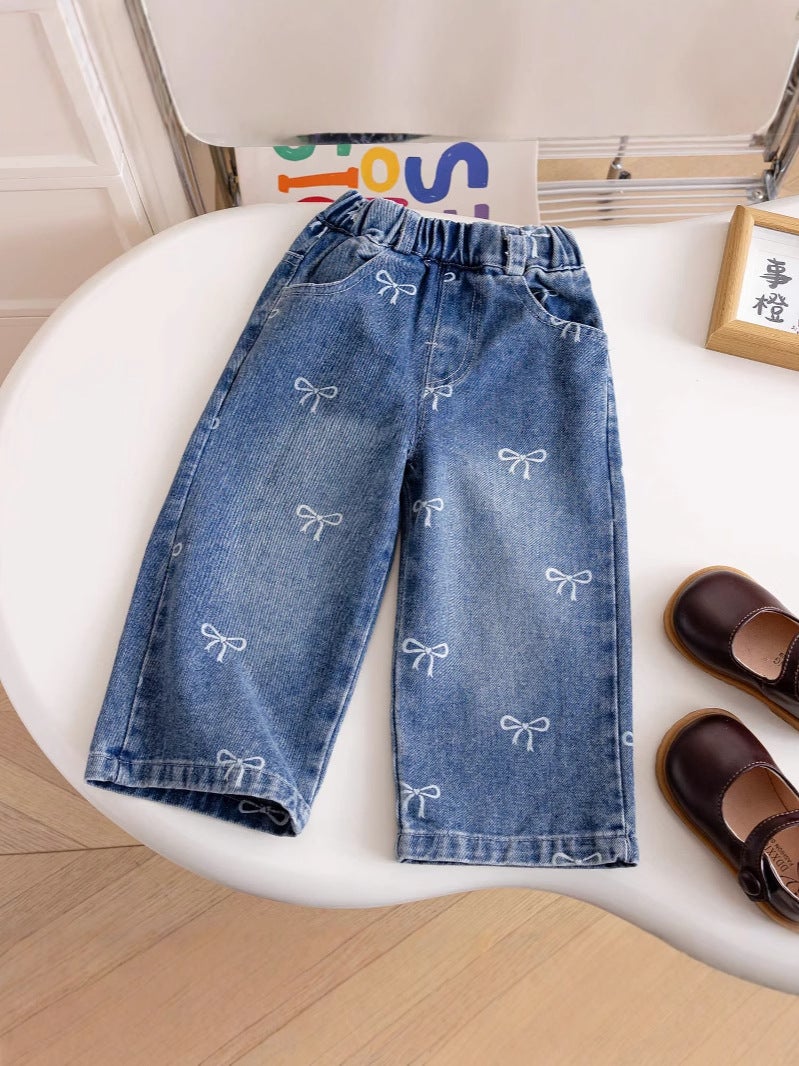 New Girls' Denim Single Pants Fashionable Full Print Bow Denim Straight Leg Pants Girls' Fashion Wide Leg Pants - Image 2