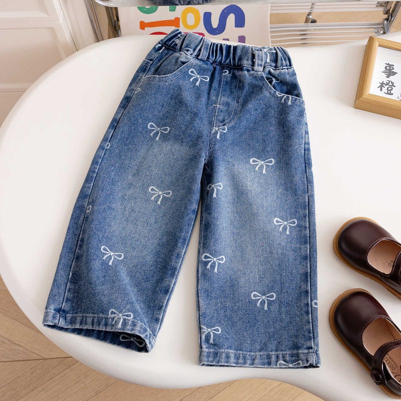 New Girls' Denim Single Pants Fashionable Full Print Bow Denim Straight Leg Pants Girls' Fashion Wide Leg Pants - Image 1