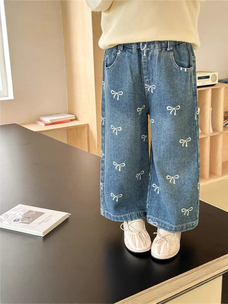 New Girls' Denim Single Pants Fashionable Full Print Bow Denim Straight Leg Pants Girls' Fashion Wide Leg Pants - Image 4