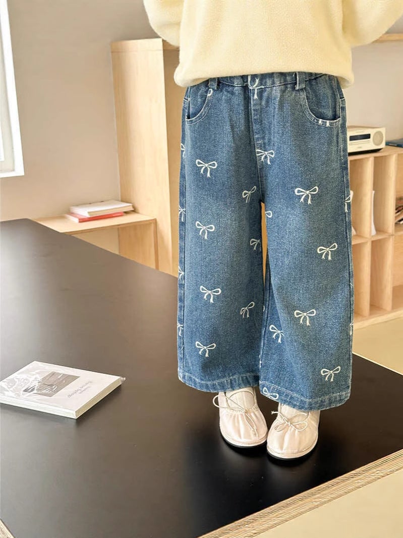 New Girls' Denim Single Pants Fashionable Full Print Bow Denim Straight Leg Pants Girls' Fashion Wide Leg Pants - Image 3