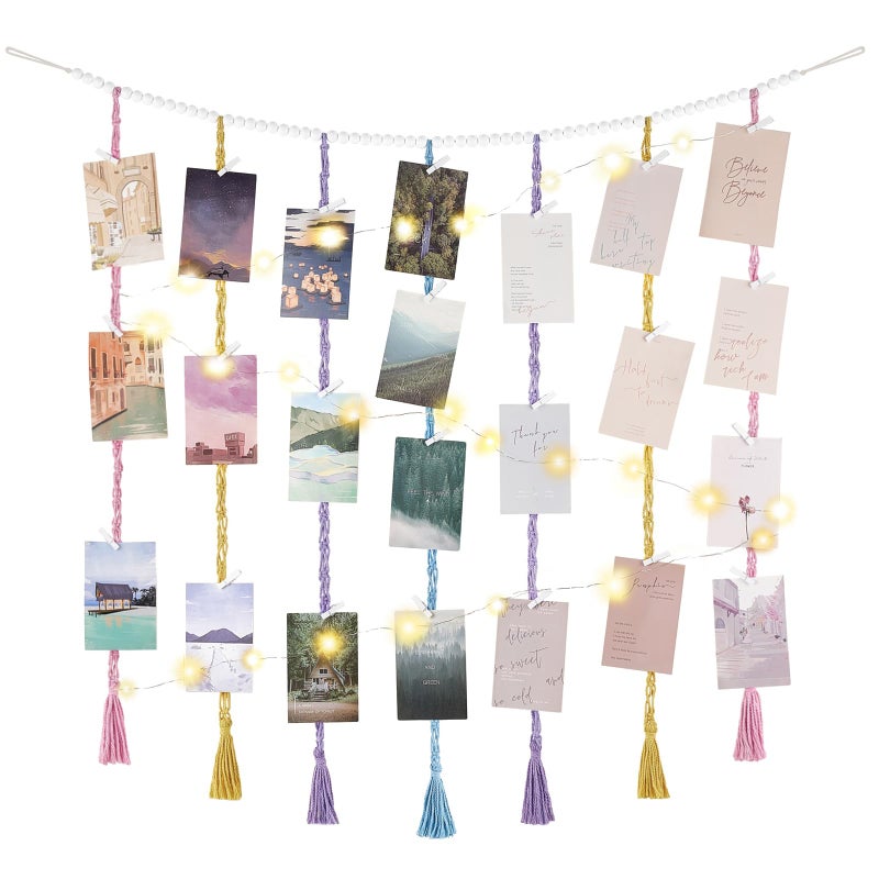 Mkono Mkono Macrame Hanging Photo Display Wall Decor with String Lights Boho Wooden Beads Garland Collage Picture Card Frame Holder with 45 Clips for Bedroom Living Room Dorm Teen Girls Christmas Gifts 