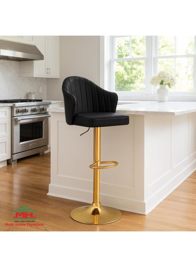 Multi Home Furniture Black Leather Bar Stool Chair – High Chair with Golden Metal Base, PU Leather Upholstered Bar Chair, Swivel Adjustable Stool Chair for Kitchen, Counter, Home, Restaurant & Cafe - Image 2