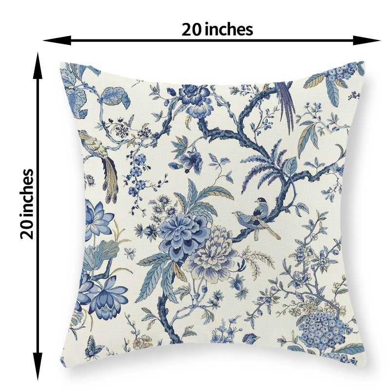 GOLIANDA Chinoiserie Floral Bird Pillow Covers 20x20 Set of 2 Blue Chinoiserie Flowers Decorative Pillow Cases Outdoor Blue and Cream Throw Pillows Farmhouse Linen Cushion Case for Couch Home Decor - Image 2
