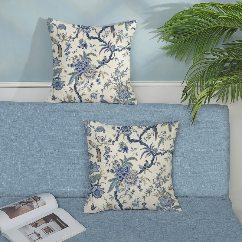 GOLIANDA Chinoiserie Floral Bird Pillow Covers 20x20 Set of 2 Blue Chinoiserie Flowers Decorative Pillow Cases Outdoor Blue and Cream Throw Pillows Farmhouse Linen Cushion Case for Couch Home Decor - Image 4