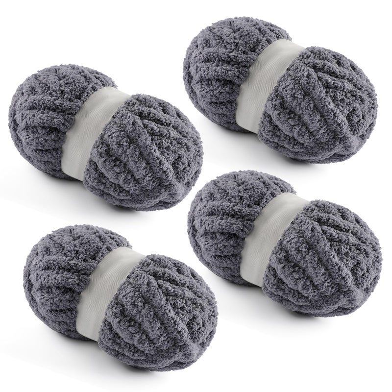 NDICANG 4 Pack Chunky Yarn for Hand Knitting - Chunky Chenille Blanket Yarn for Crocheting - Jumbo Fluffy Yarn for Crochet - Super Bulky Yarn 28.4 yds 7.7 oz Each Skein (Dark Gray) - Image 1