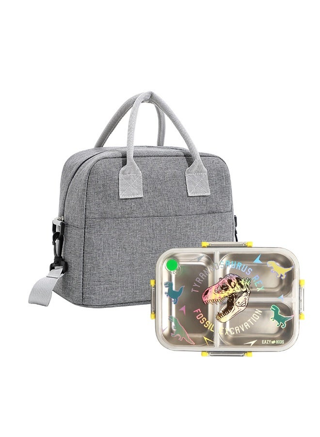 Eazy Kids Eazy Kids 3 Compartment Stainless Steel bento Lunch Box, 800ml w/ Lunch Bag - T- Rex Purple - Image 1