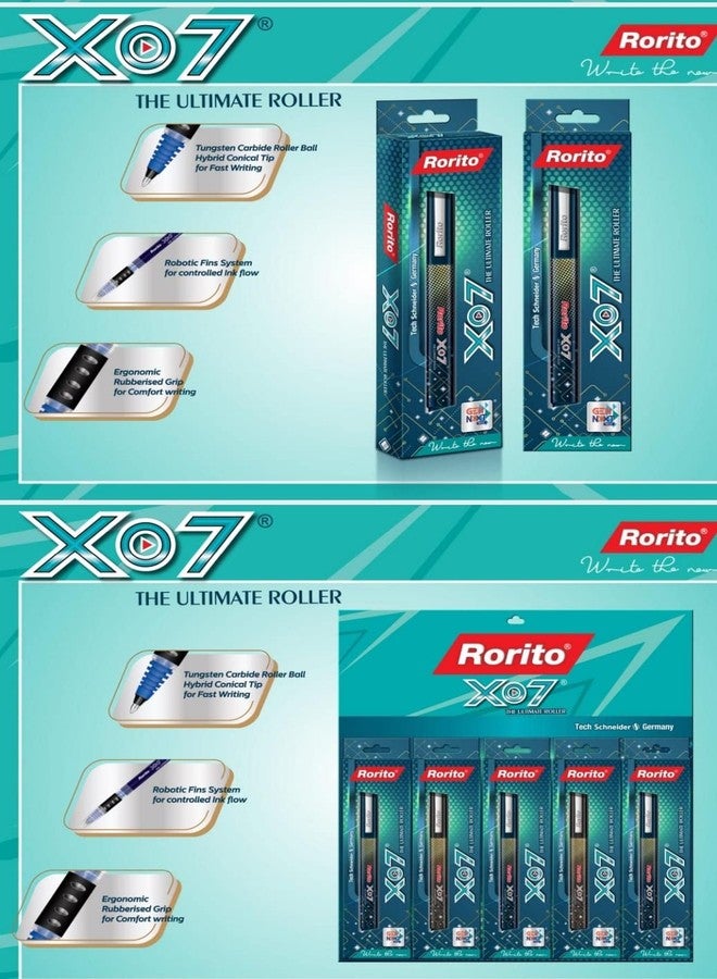 Rorito X07 XO The Ultimate Roller Pens Blue 5 & Black 2 Pcs Set of 7 Pens Waterproof Quick Dry ink gel writings. - Image 1