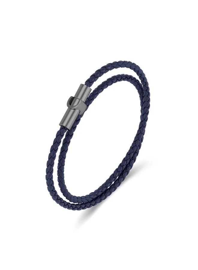 شيروتي 1881 Umberto Silver Plated Stainless Steel Blue Braided Leather Bracelet for Men 400mm