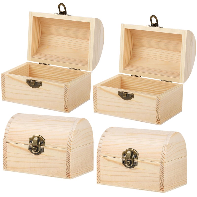 Aodaer 4 Pieces Unfinished Wood Treasure Chest Decorative Pine Wood Box with Hinged Lid and Locking Clasp Plain Decorate Wooden Boxes for Art Hobbies DIY Jewelry Gift Storage - Image 1