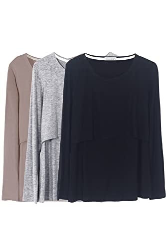 Smallshow Women's Nursing Tops Long Sleeve Shirts for Breastfeeding 3-Pack Medium Black-Brown-Light Grey - Image 1