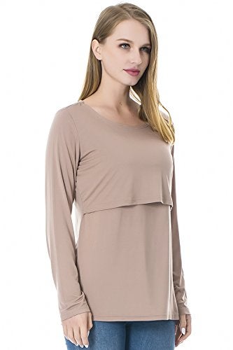 Smallshow Women's Nursing Tops Long Sleeve Shirts for Breastfeeding 3-Pack Medium Black-Brown-Light Grey - Image 4