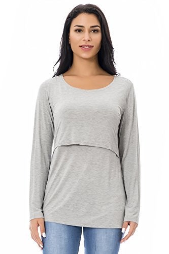 Smallshow Women's Nursing Tops Long Sleeve Shirts for Breastfeeding 3-Pack Medium Black-Brown-Light Grey - Image 5