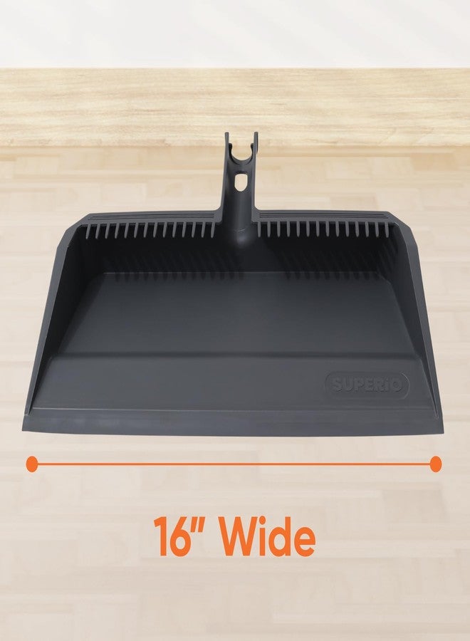 Superio Wide Plastic Dustpan with Comb - 16" Wide, Rubber Lip, Broom Handle Clip, Grey - Image 2